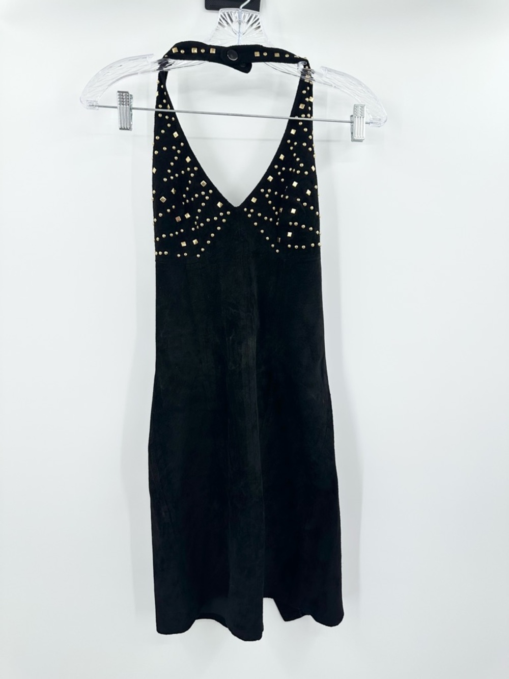 Firenze Vintage Black Leather Gold Stud Beaded Halter Mini Dress Size Petite